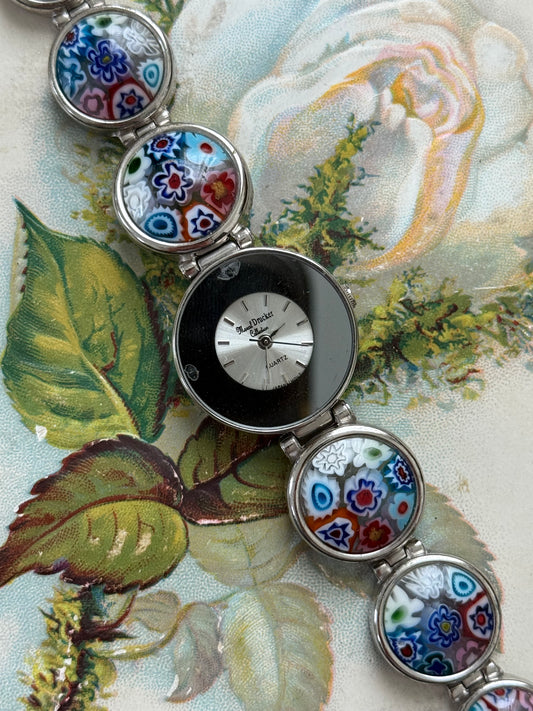 working silver tone marcel drucker millefiori band watch