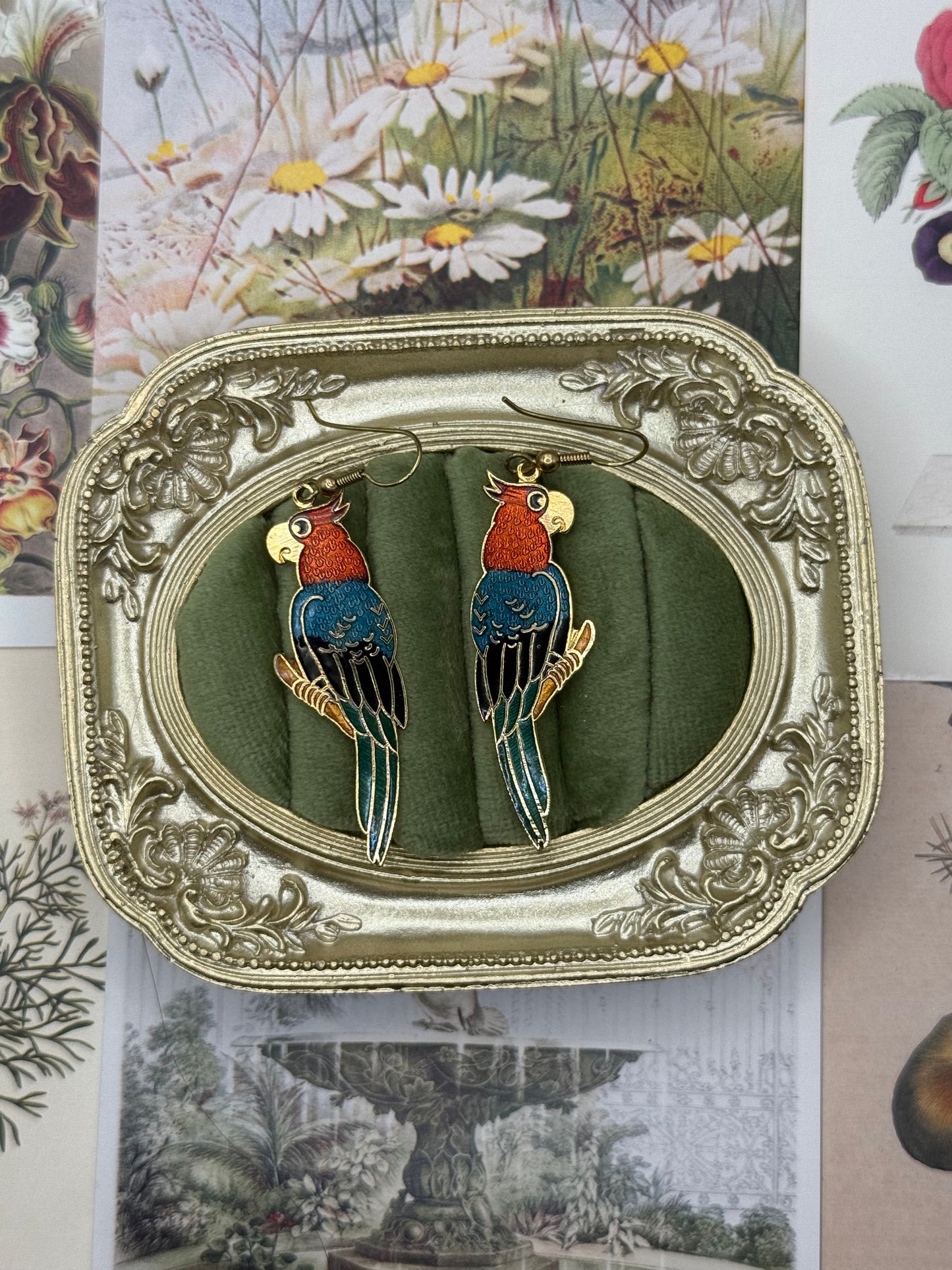 Vintage Gold Tone Cloisonne Parrot Earrings