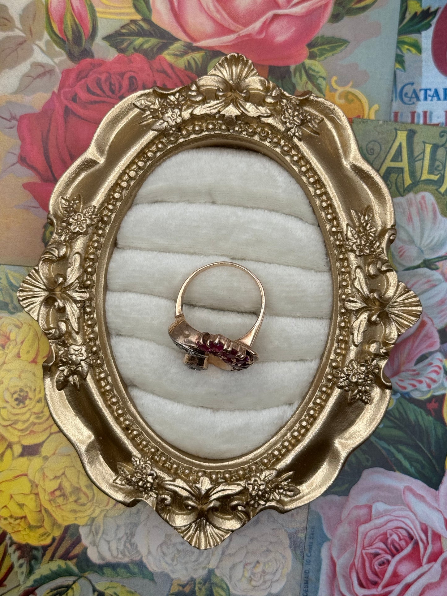 14k Solid Rose Gold Natural Diamond & Ruby Ring Size 8.25