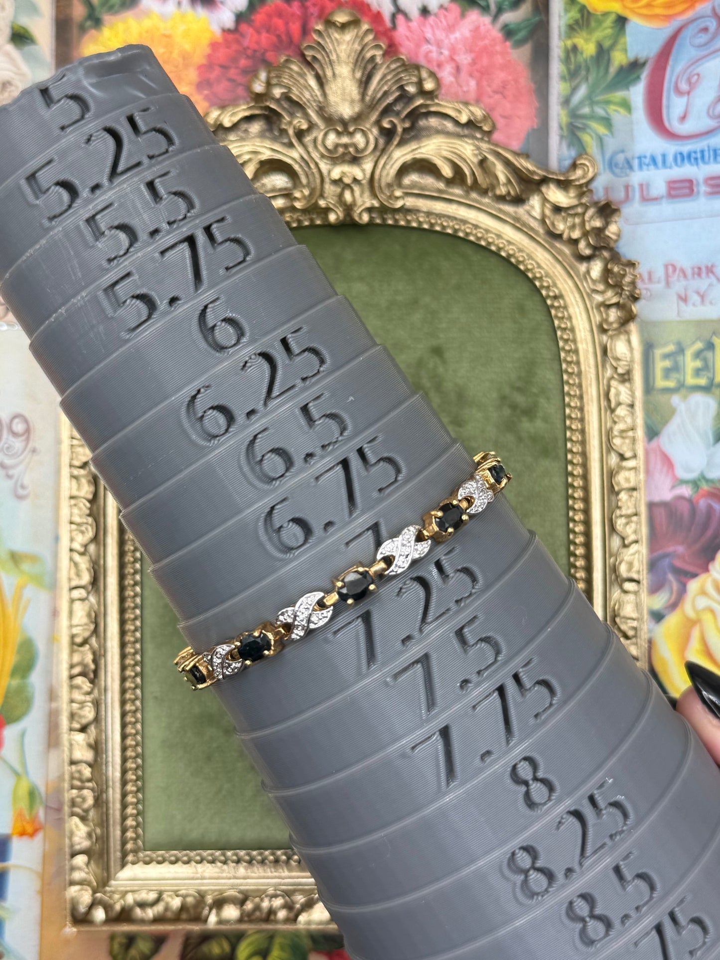 Vintage Gold Tone Black Stone Tennis Bracelet 7”