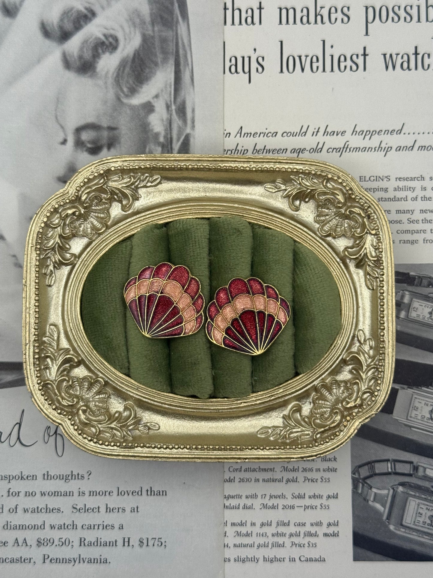 Vintage Gold Tone Pierced Cloisonne Shell Earrings