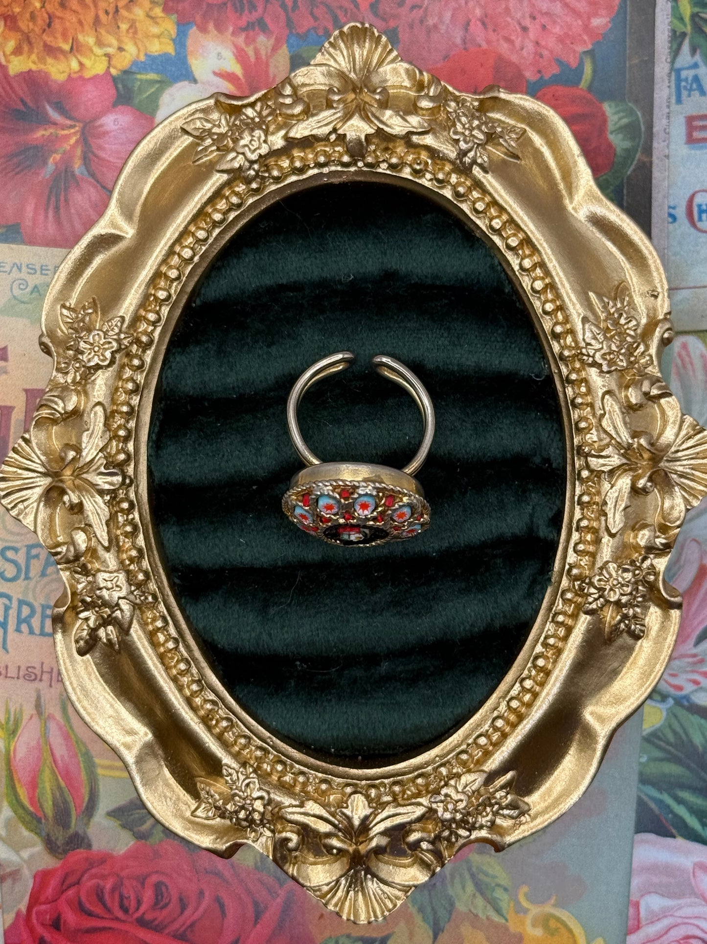 Vintage Gold Tone Micro Mosaic Ring Size 5.5