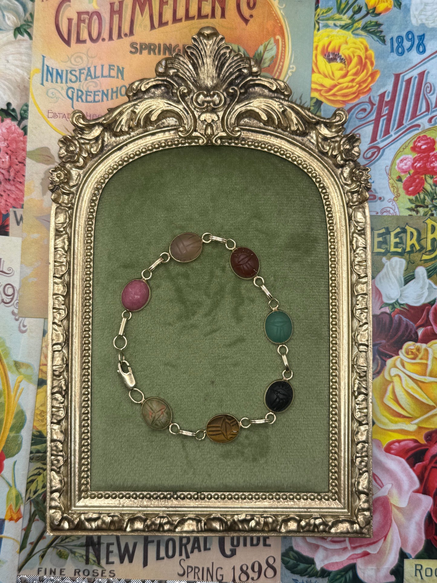 14k Solid Gold Gemstoned Scarab Bracelet 7.75”