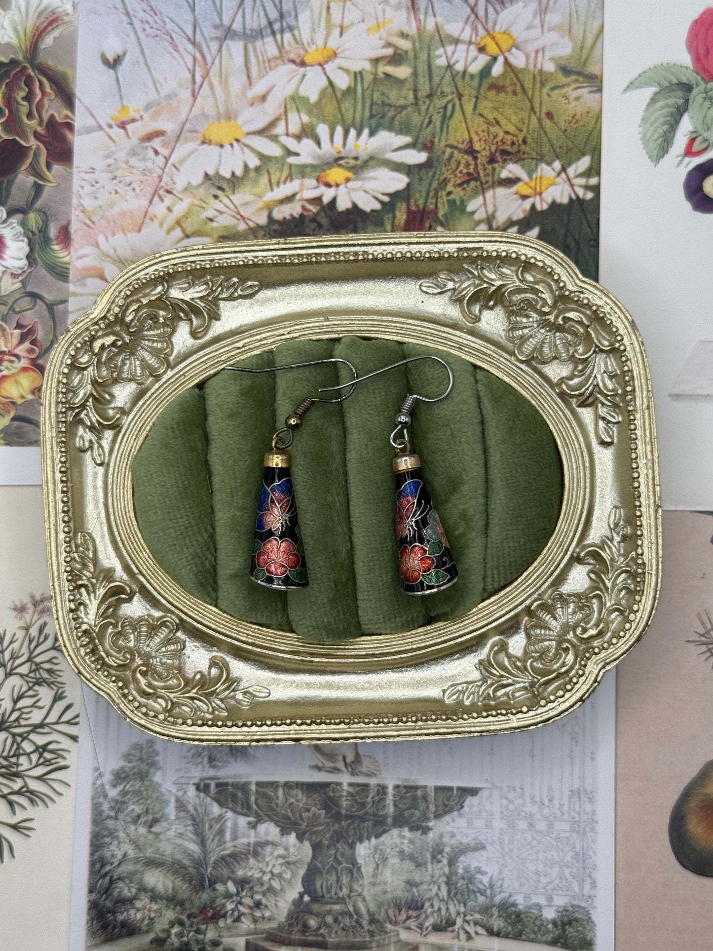 Vintage Silver Tone Cloisonne Enamel Earringe