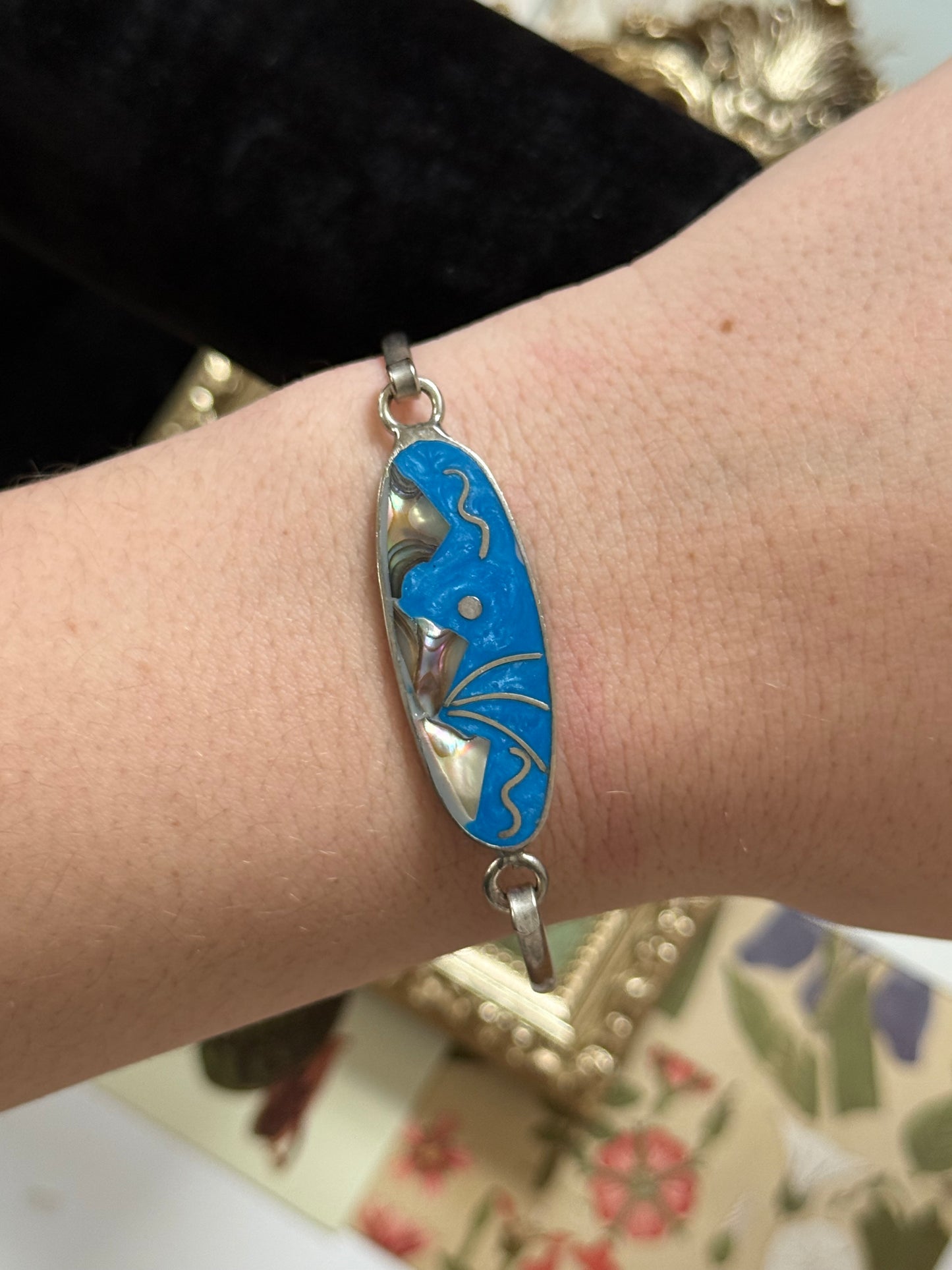 Vintage Silver Tone Abalone Inlay Bracelet