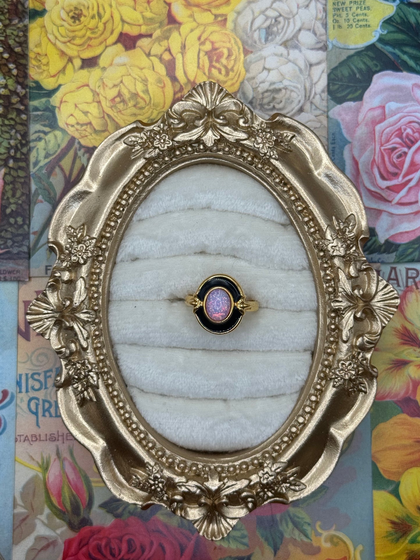 Vintage Gold Tone RARE Avon Onyx & Faux Opal Ring Size 5.75