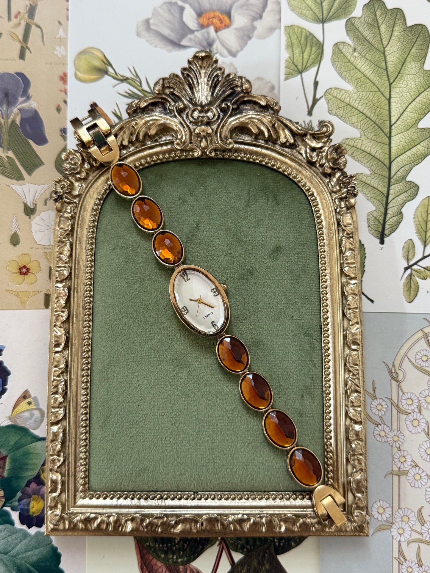 Working Vintage Gold Tone Gemstone Watch
