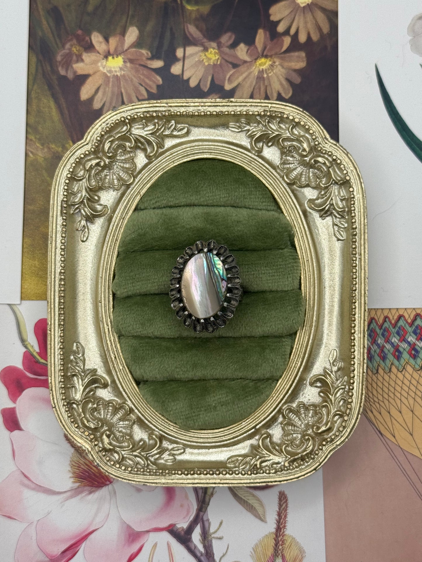 Vintage Silver Tone Adjustable abalone Ring Size 7