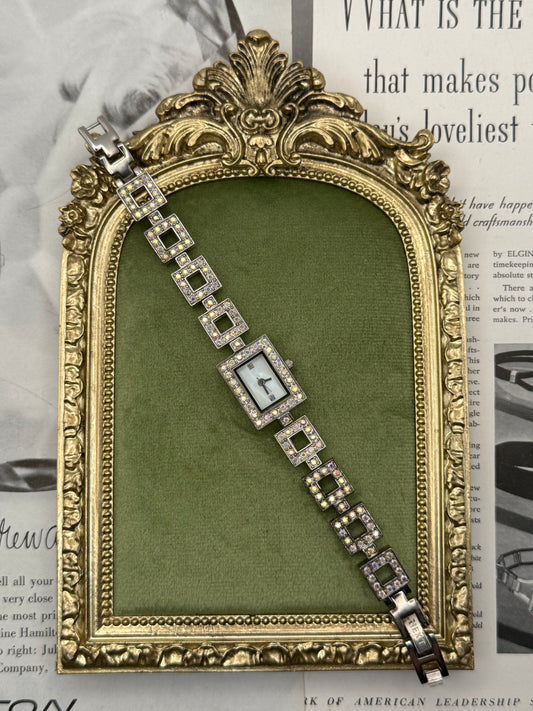 Working Vintage Silver Tone Gemstone Watch