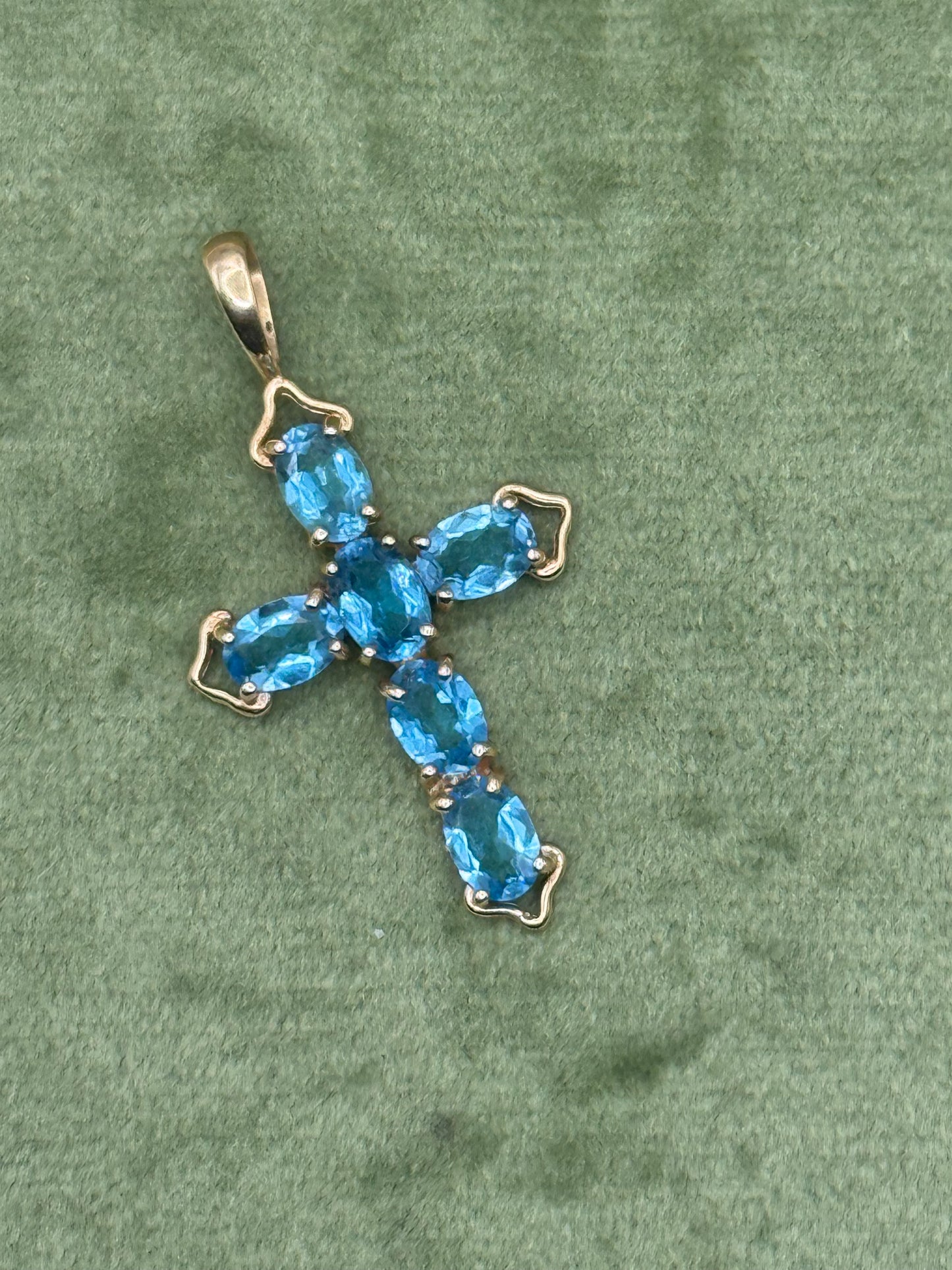 14k Solid Gold Blue Stone Cross Pendant