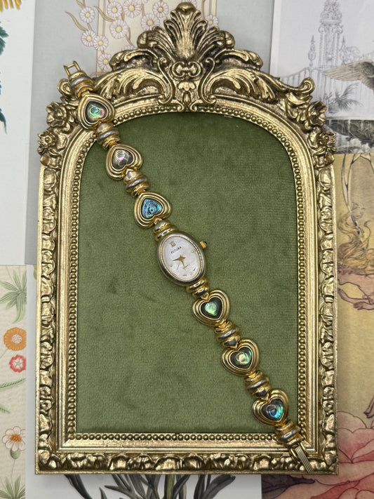 Working Vintage Gold Tone Abalone Hearts Watch