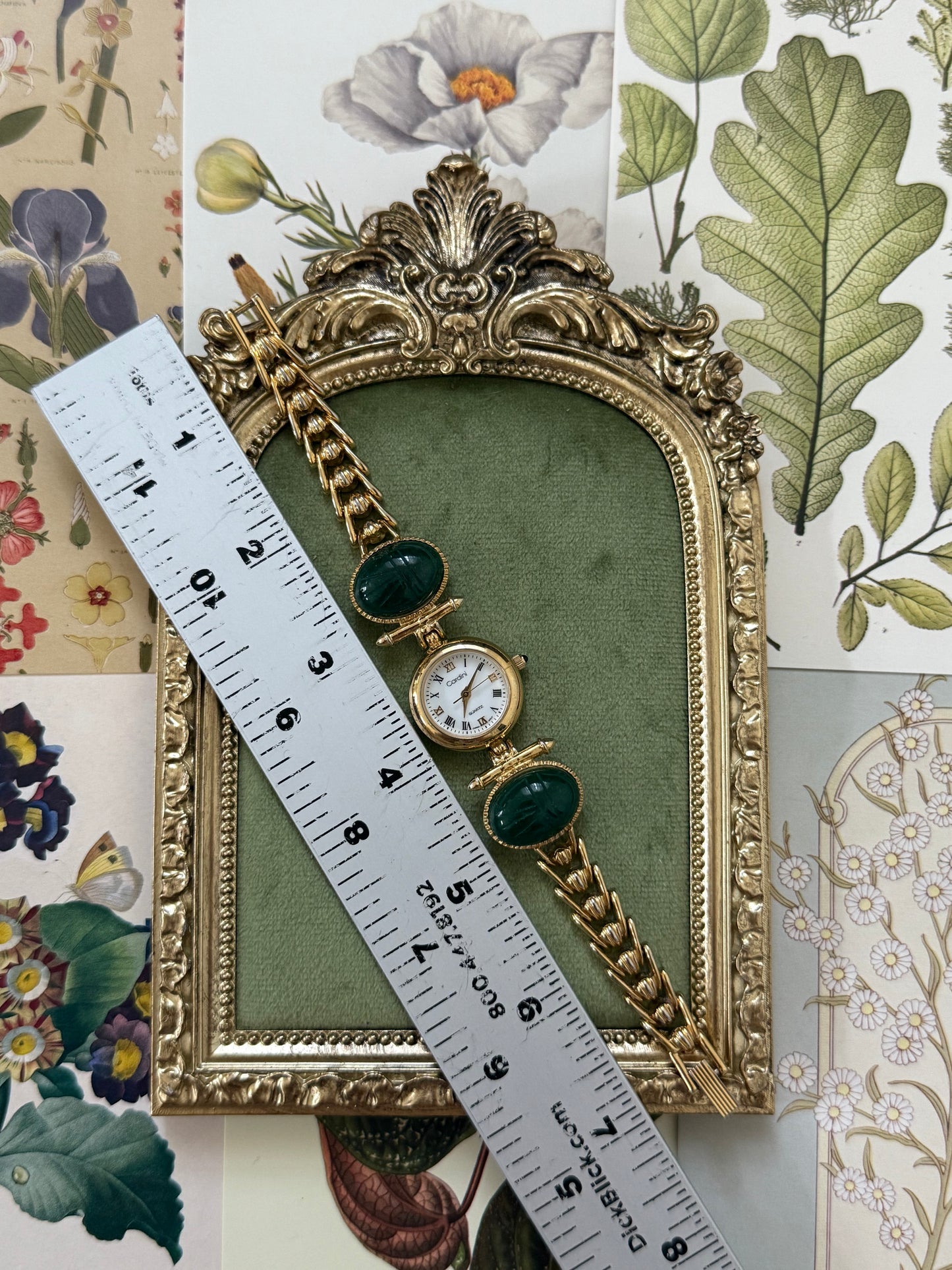 Nonworking Vintage Gold Tone Green Scarab Watch