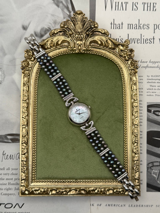 Working Vintage Silver Tone Black Pearl Watch