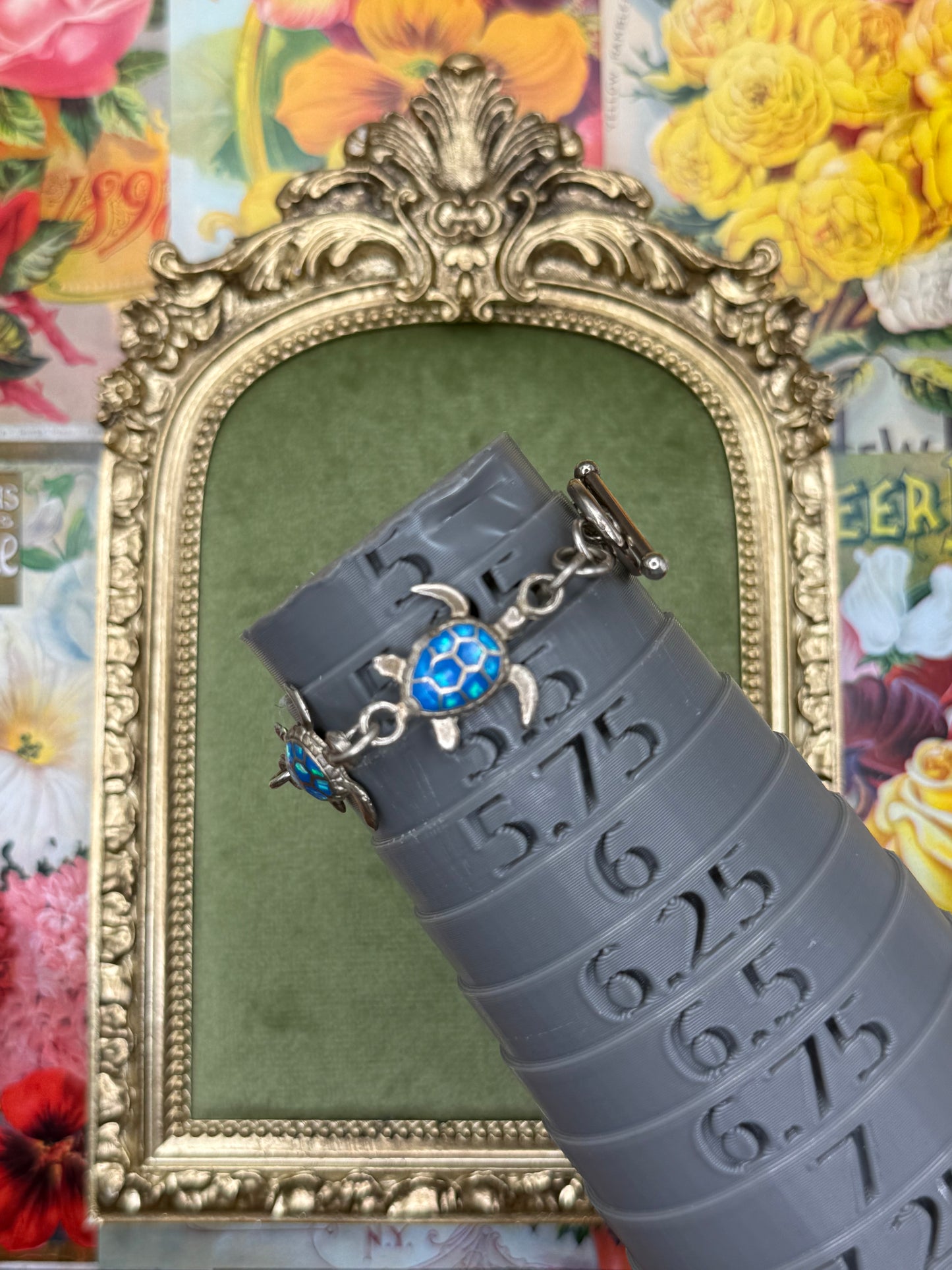 Vintage Silver Tone Faux Opal Turtle Bracelet 5.25”