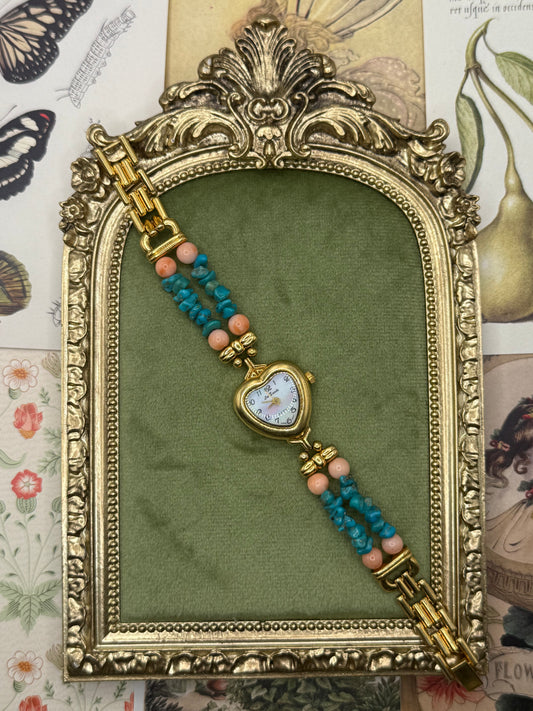 Working Vintage Gold Tone Beaded Heart Watch