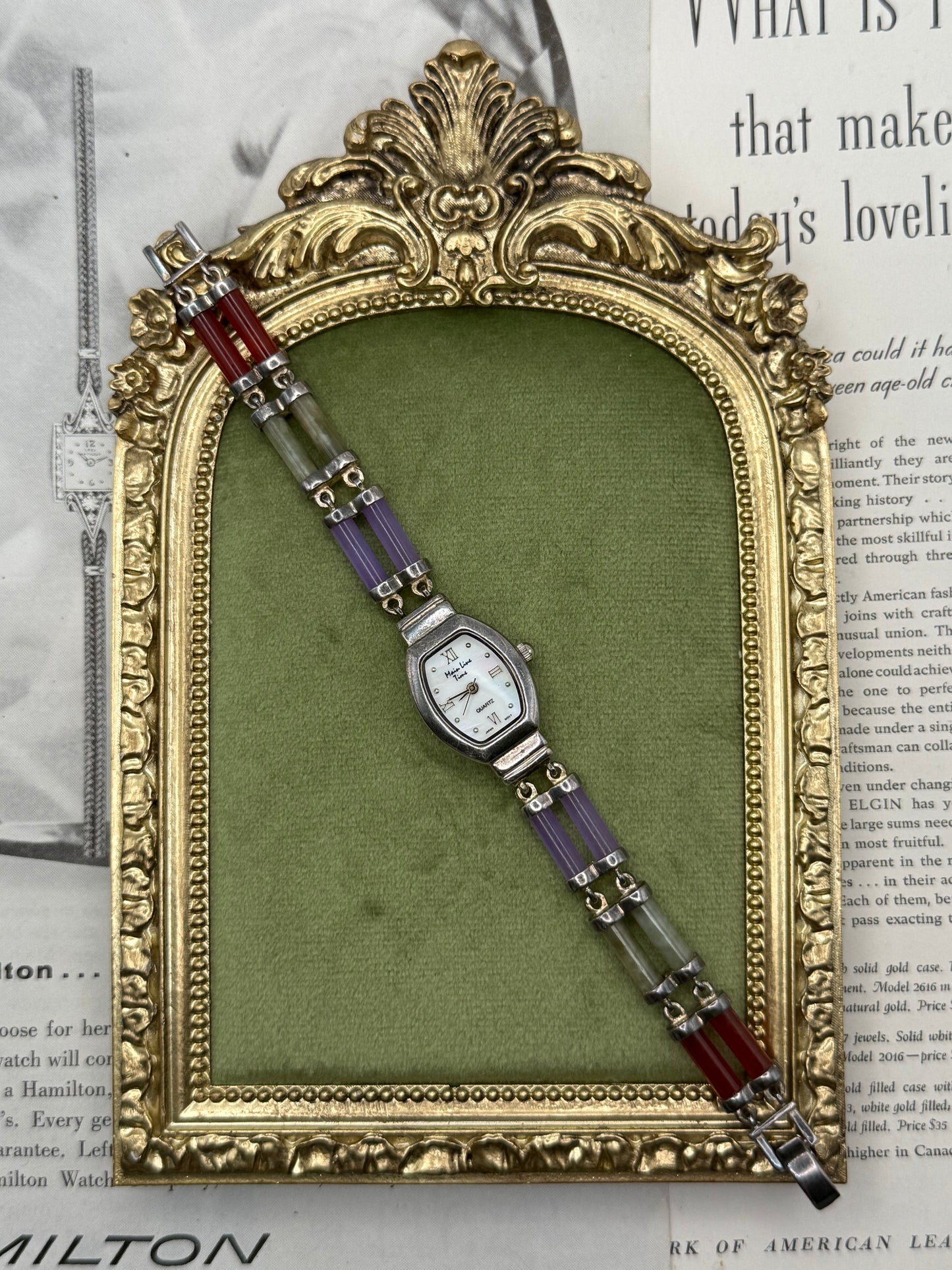 Working Vintage Sterling Silver Tone Jade Watch