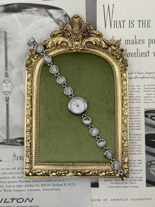 Working Vintage Silver Tone Gemstone Watch