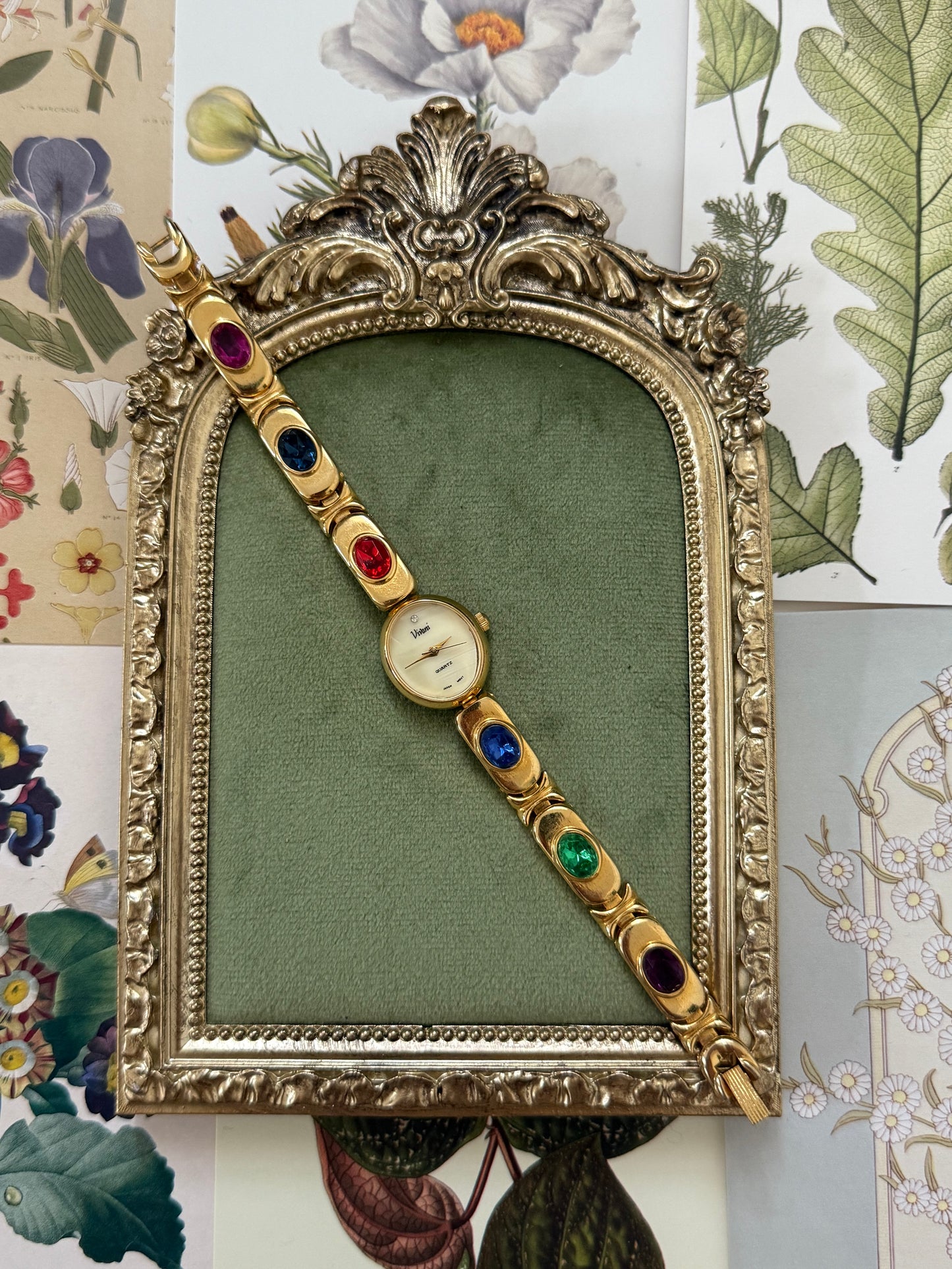 Working Vintage Gold Tone Gemstone Watch