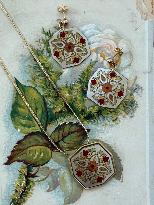 damascene two tone printed earrings and necklace set