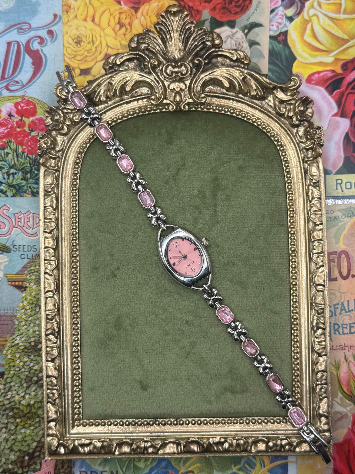 Working Vintage Silver Tone Pink Accent Watch 6.5”
