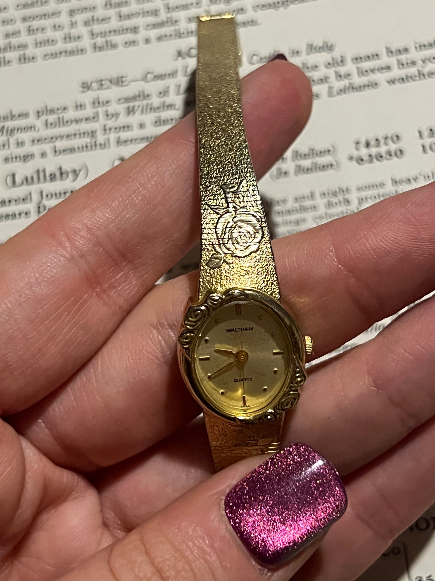 waltham gold tone rose decal band vintage watch