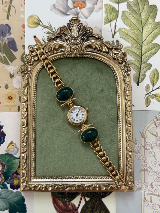 Nonworking Vintage Gold Tone Green Scarab Watch