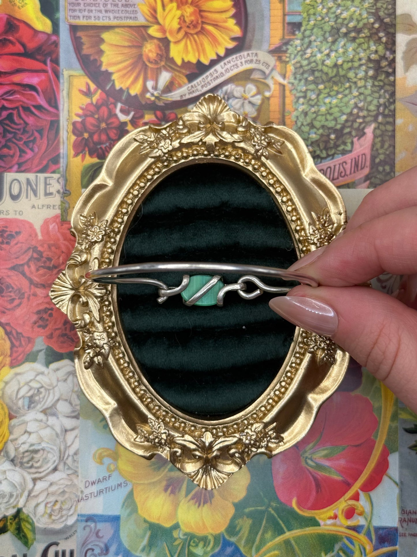 Sterling Silver Malachite(?) Bracelet 6.25”