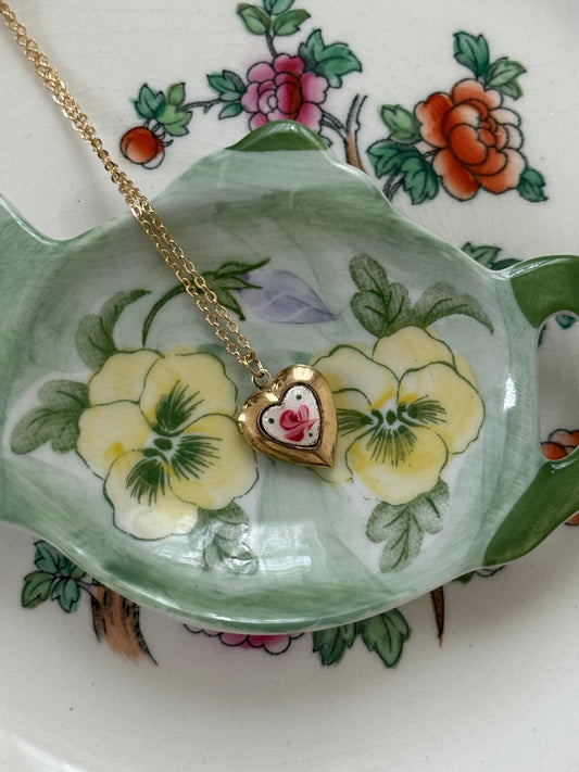 dainty gold tone guilloche heart locket necklace