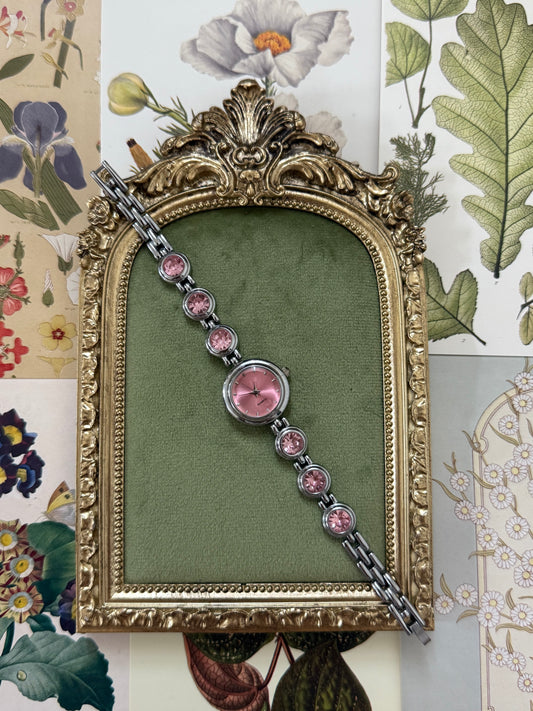 Working Vintage Silver Tone Gemstone Watch