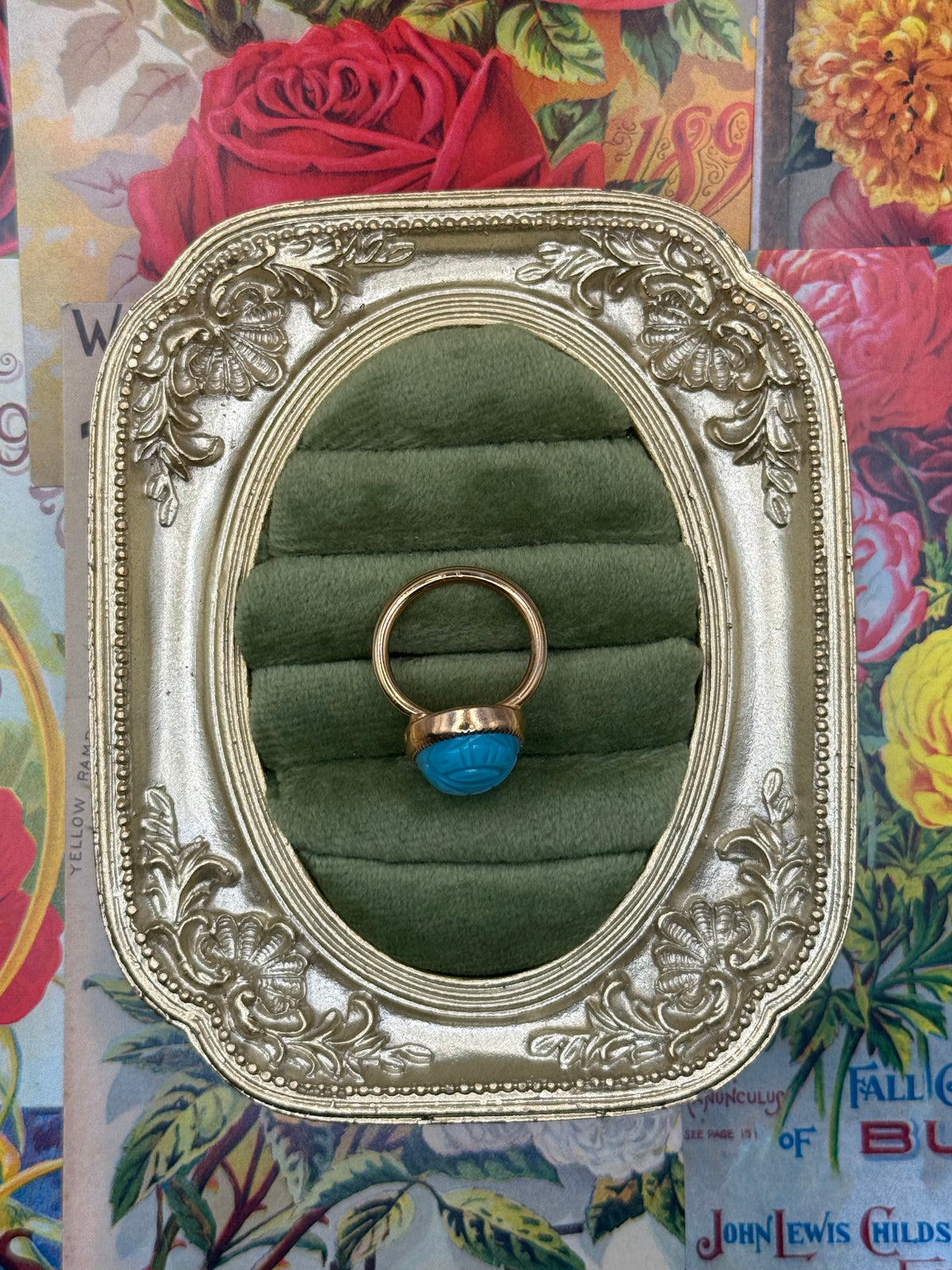 Vintage Gold Tone Blue Scarab Ring Size 6