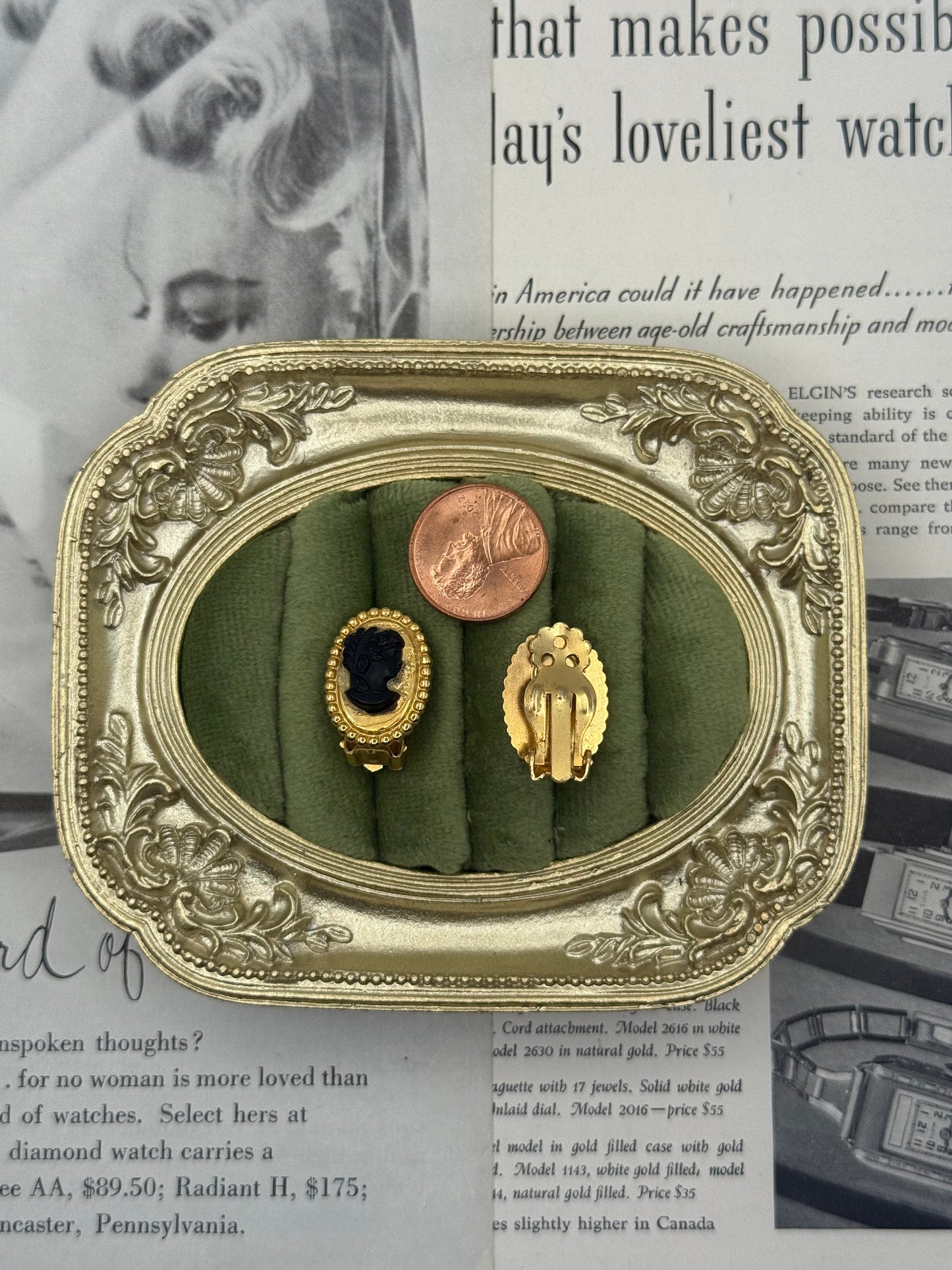 Vintage Gold Tone Clip On Cameo Earrings