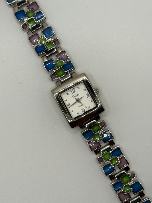 working silver tone stained glass style watch