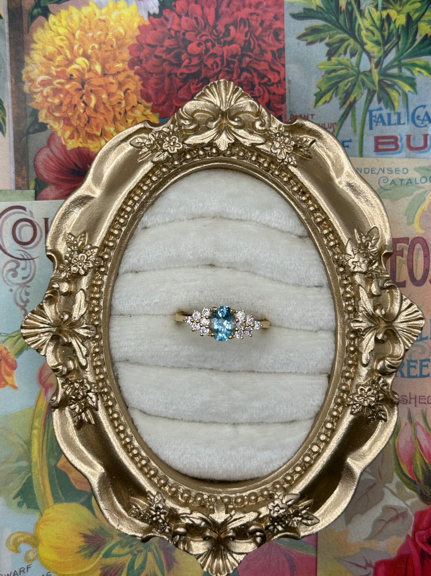 Vintage Gold Tone Blue Stone Ring Size 9