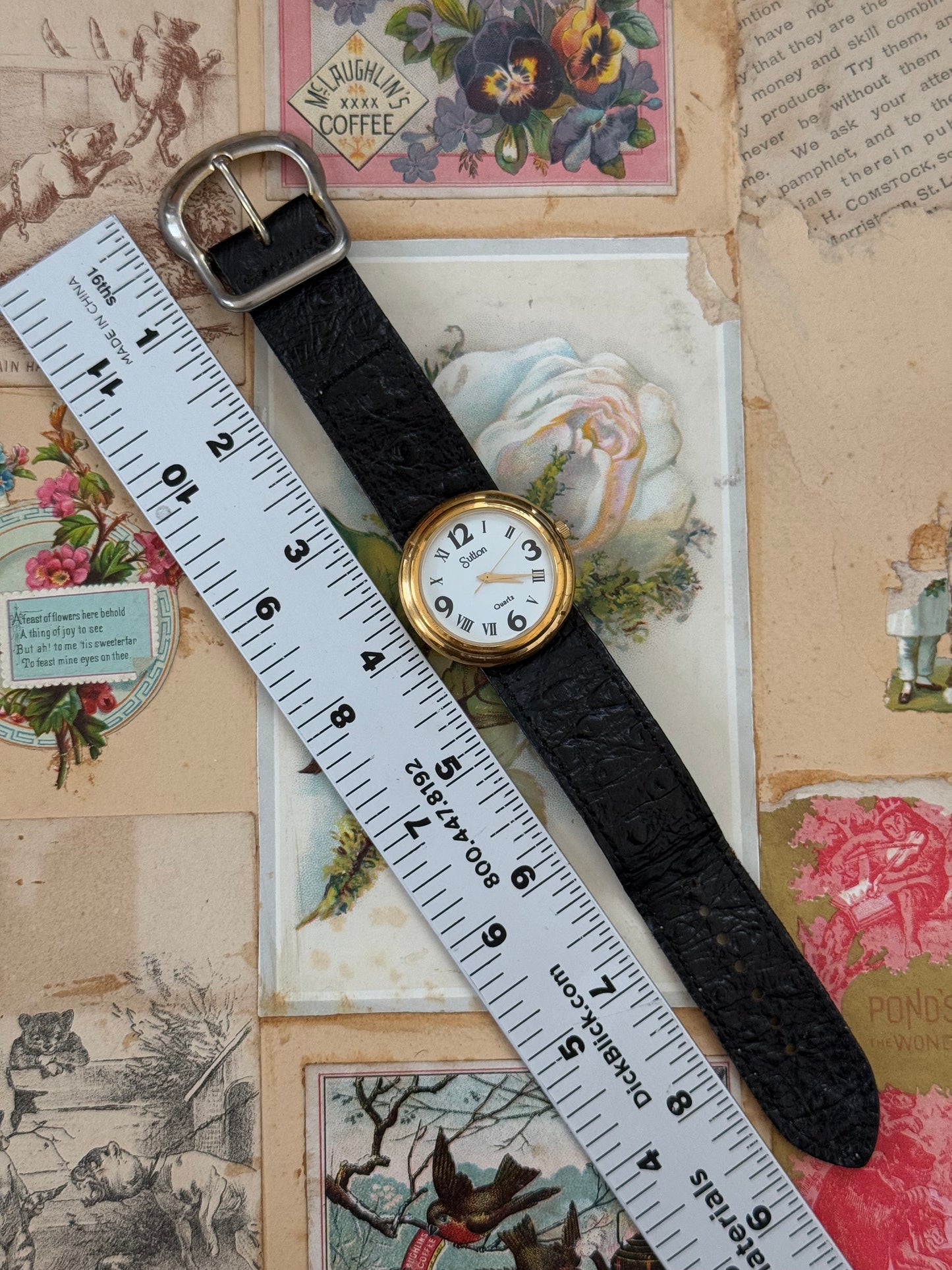 sutton gold tone thick leather strap vintage watch