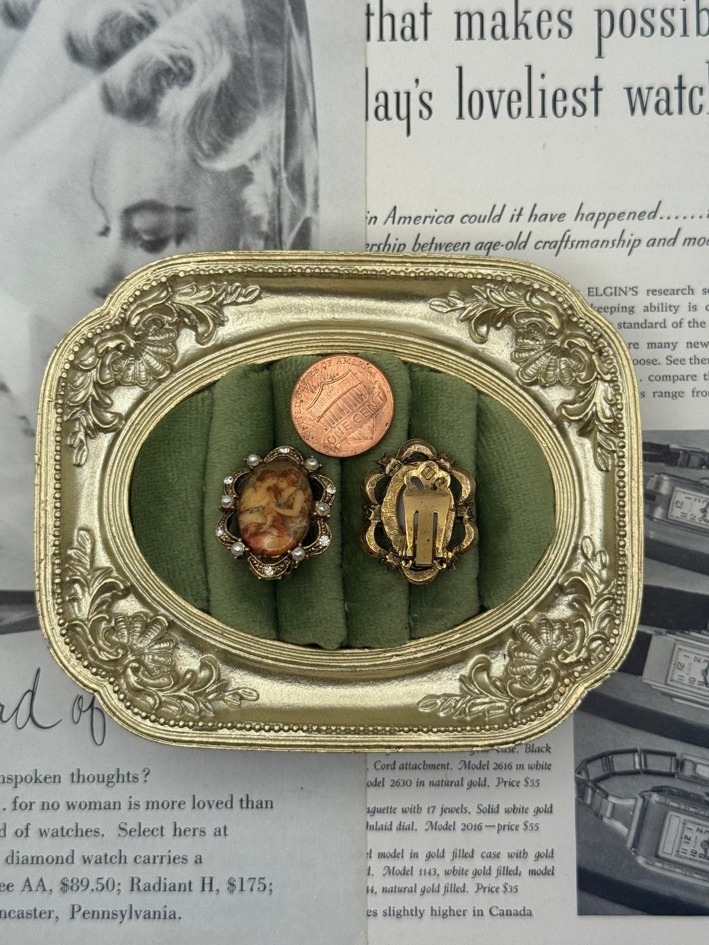 Vintage Gold Tone Pearl Cameo Pictorial Style Clip on Earrings