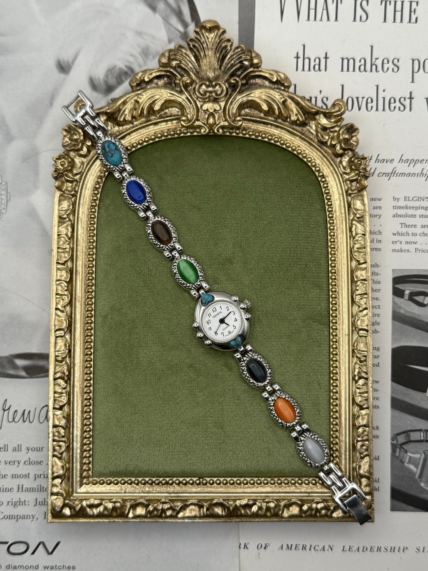 Working Vintage Silver Tone Gemstone Watch