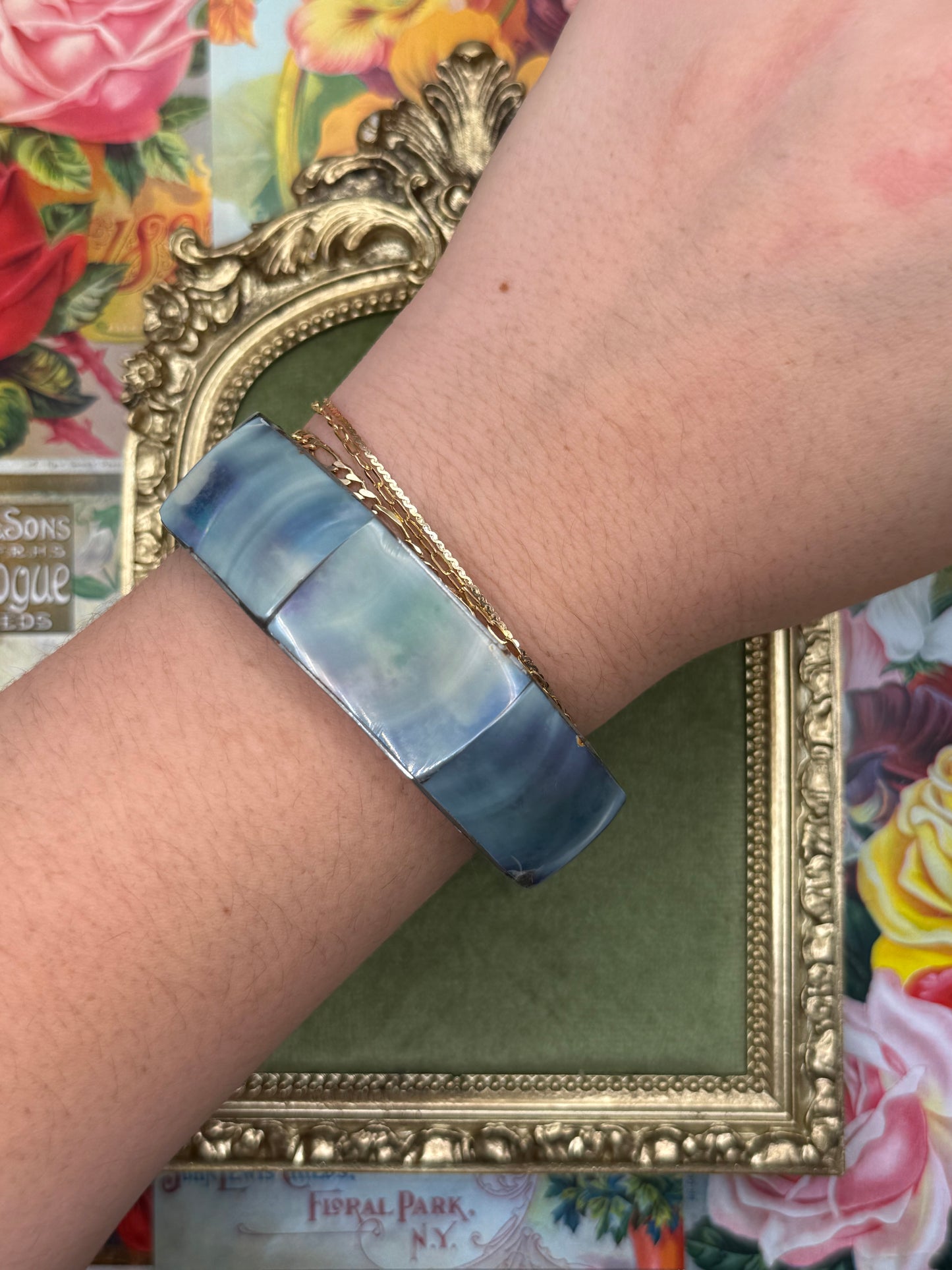 Vintage Iridescent Blue Hexagon Bangle 8”