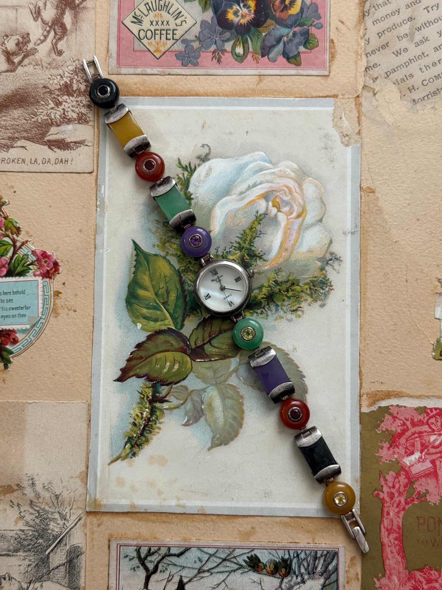 working sterling silver silver tone colored jade gemstone watch