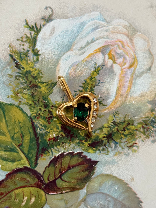 gold tone heart green stone hook pendant