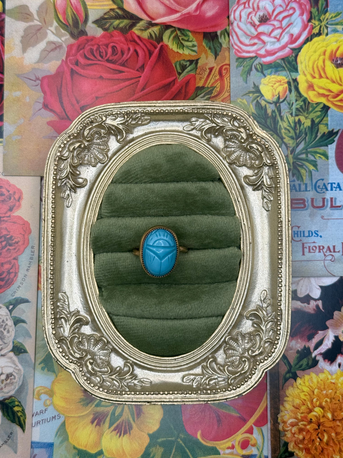 Vintage Gold Tone Blue Scarab Ring Size 5.5