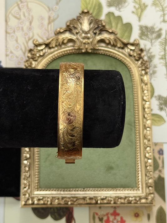 Vintage Gold Tone Floral Etched Cuff Bracelet