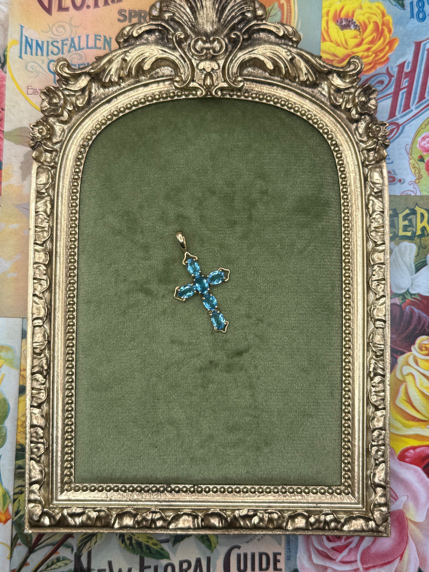 14k Solid Gold Blue Stone Cross Pendant