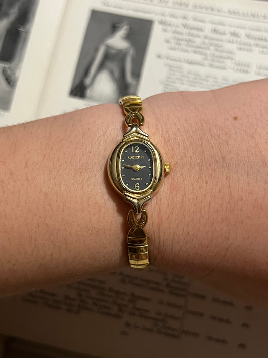 watch it gold tone black face vintage stretchy band watch