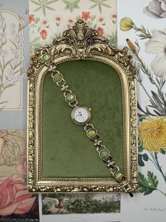 Working Vintage Gold Tone Green Stone Watch
