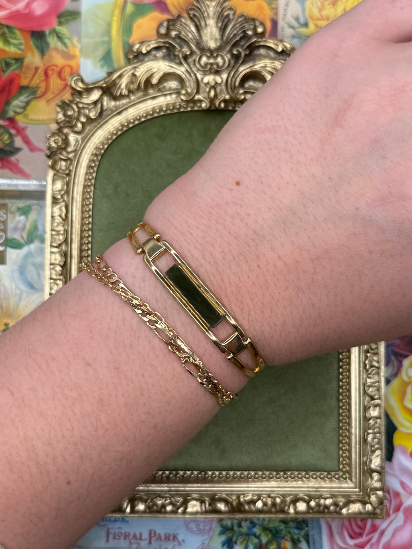 Vintage Gold Tone Avon Jade Hinged Bangle 6”