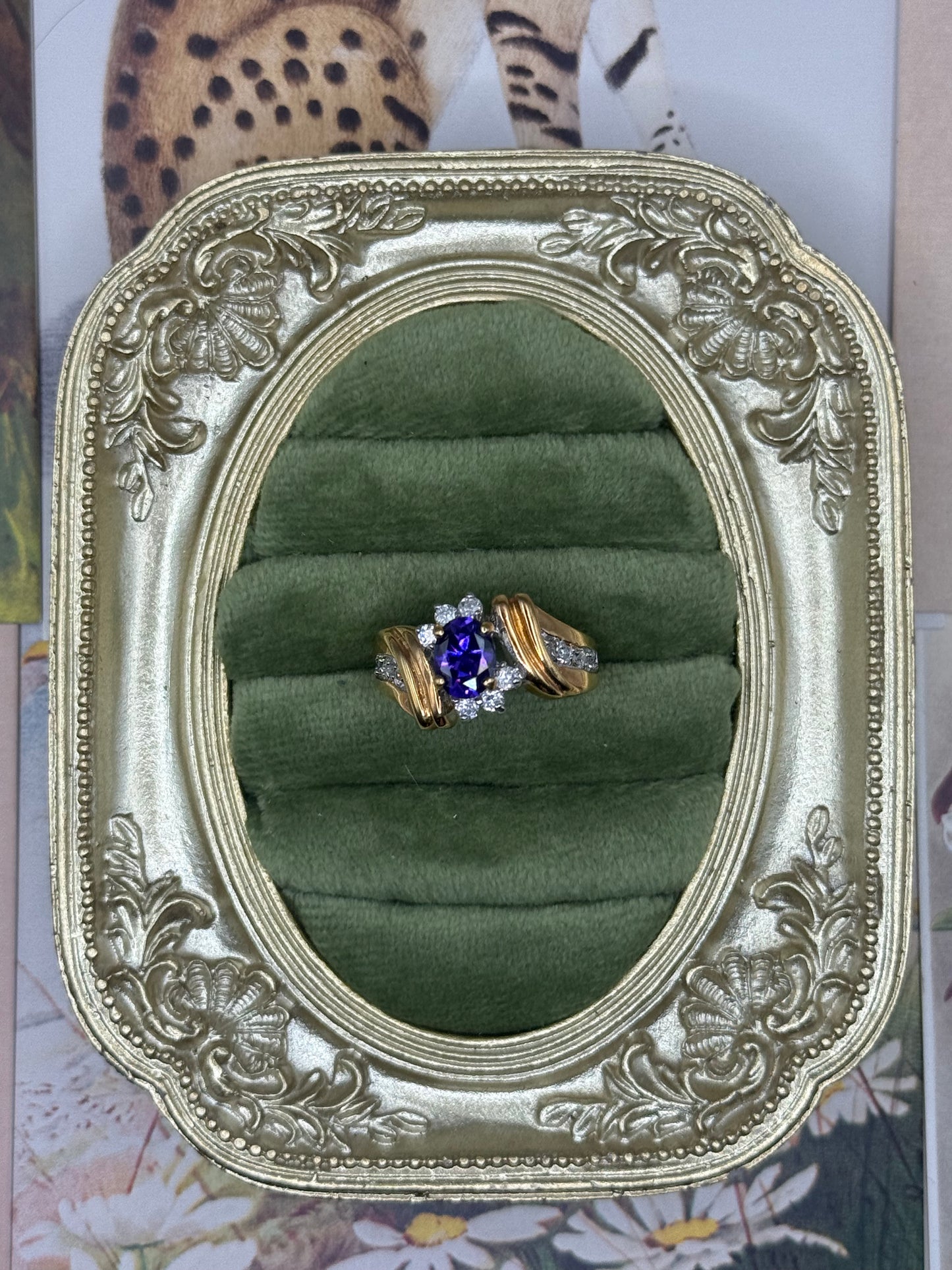 Vintage Gold Tone Purple Stone Ring Size 9