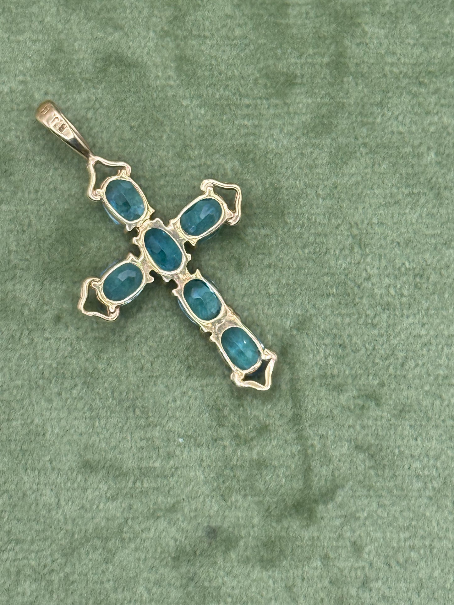 14k Solid Gold Blue Stone Cross Pendant
