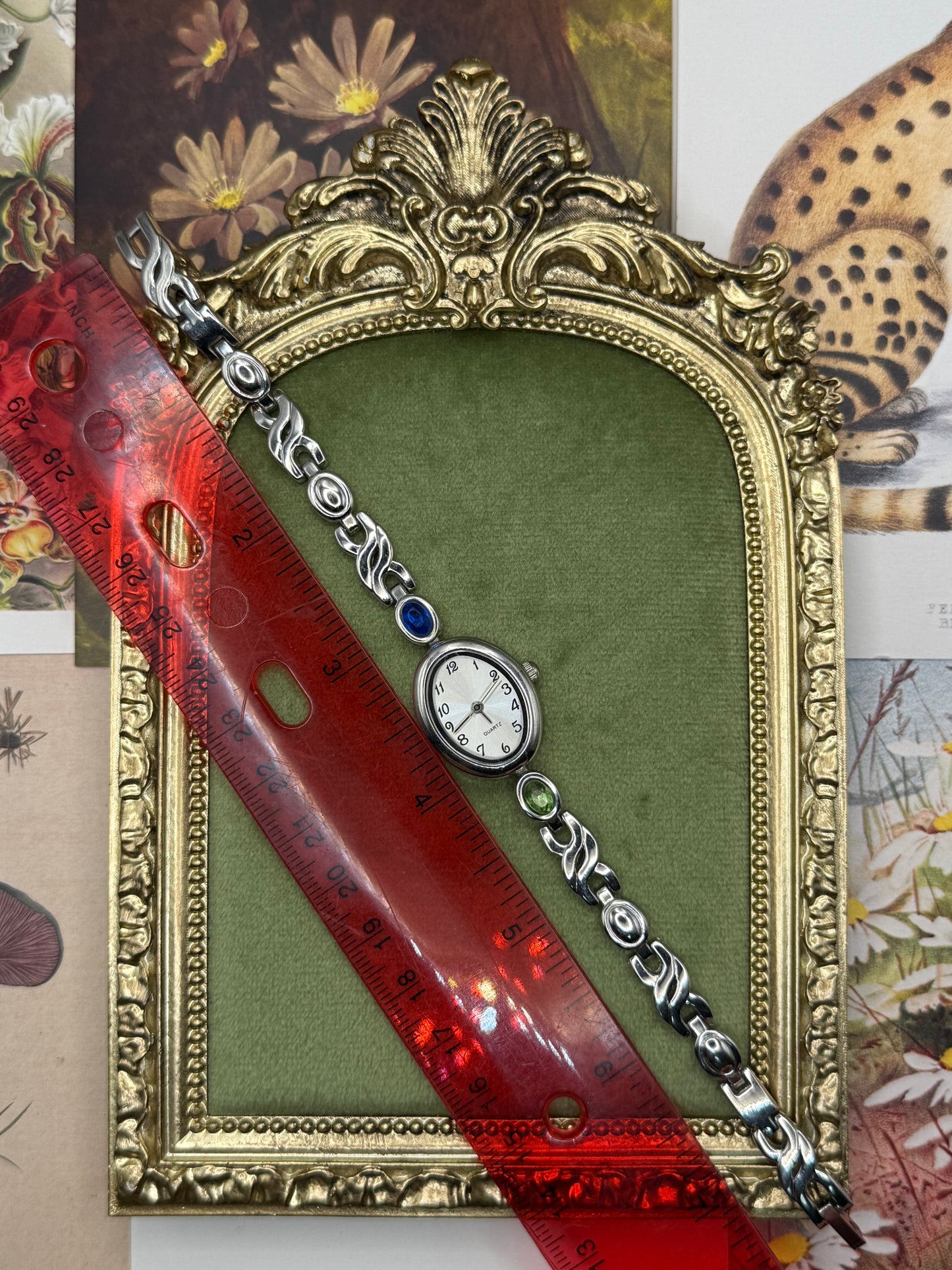 Working Vintage Silver Tone Gemstone Watch
