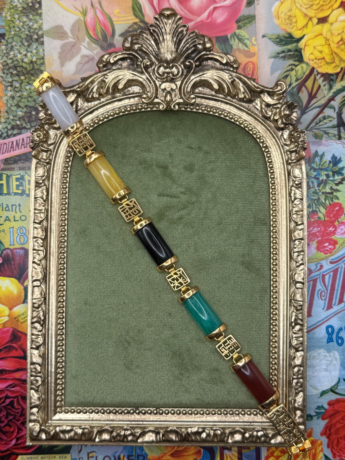 Vintage Gold Tone Faux Jade Bracelet 7.25”