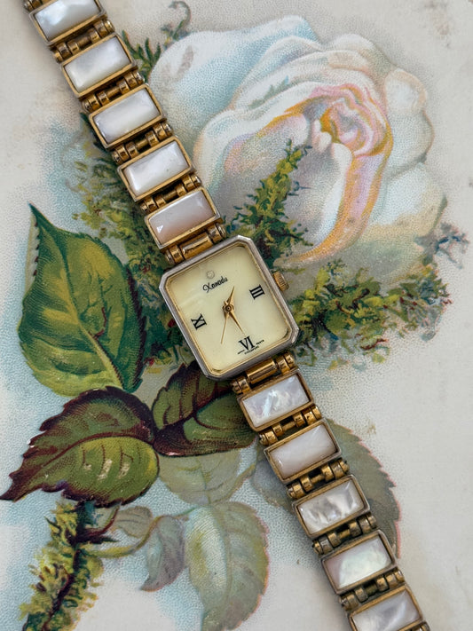 gold tone mother of pearl dainty vintage watch